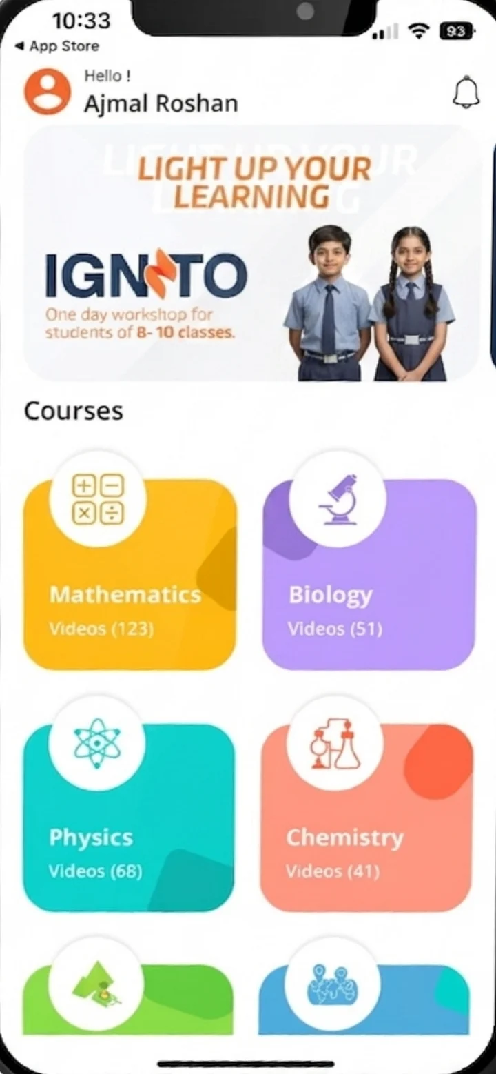 The Candela Learning App home screen, showing the Ignito workshop banner and course videos for Mathematics, Biology, Physics and Chemistry.